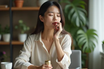 Femme utilisant un yadom thaïlandais pour mieux respirer à son bureau à la maison