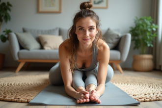Femme faisant du yoga dans un salon cosy après l'accouchement