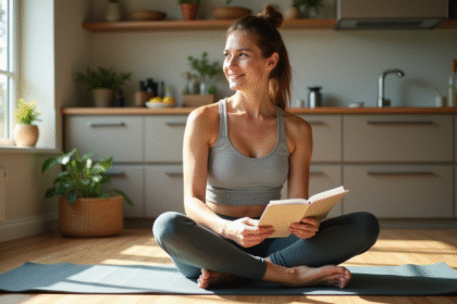 Femme en yoga lisant un guide nutrition dans une cuisine lumineuse