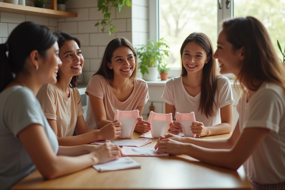 Femmes discutant de lingerie menstruelle dans une cuisine lumineuse