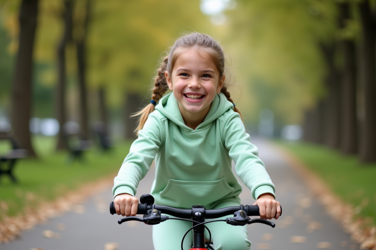 Jeune fille en hoodie vert roulant à vélo dans un parc
