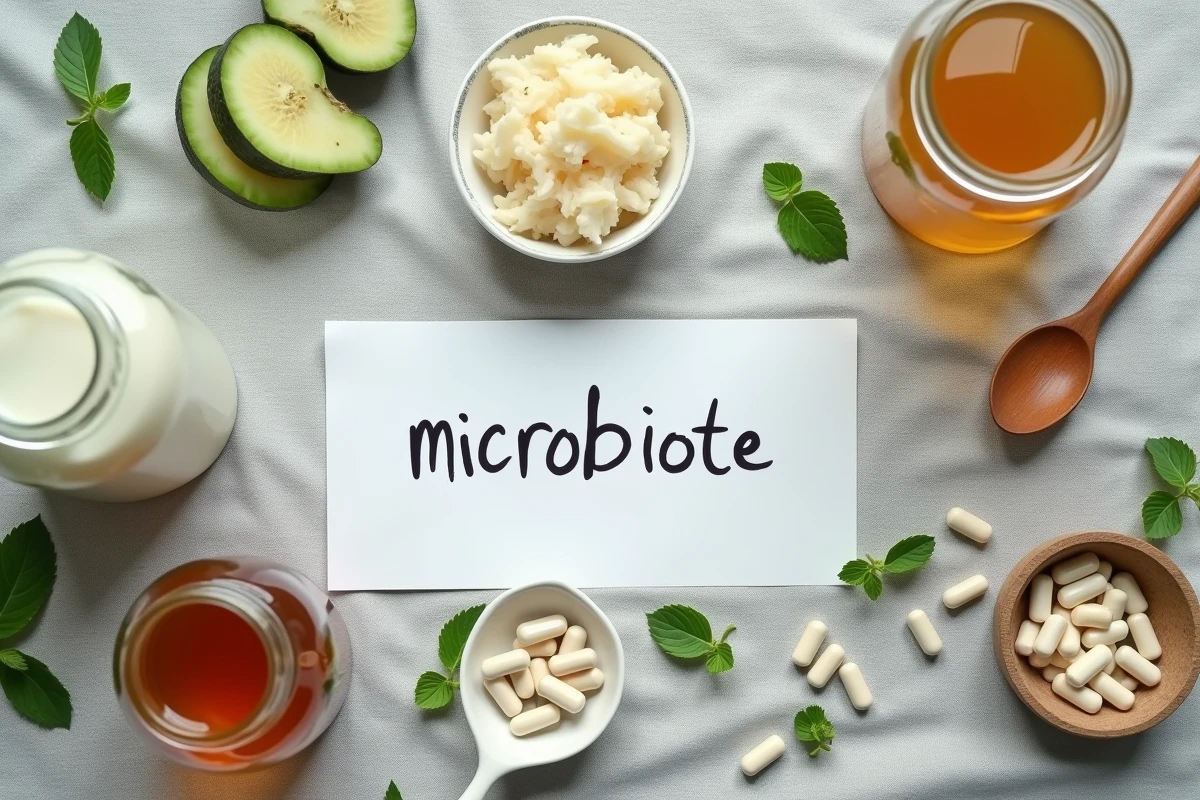 Flat lay de probiotiques naturels incluant yaourt, kéfir, choucroute et gélules pour rééquilibrer le microbiote intestinal