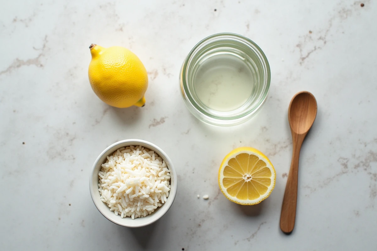 Vue du dessus des ingrédients pour préparer l'eau de riz au citron, riz cuit, citron et bocal en verre