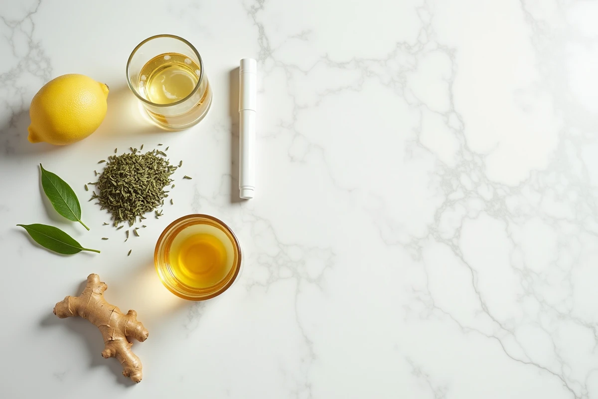 Composition flat lay d'ingrédients naturels et d'un complément détox Lulutox sur marbre blanc