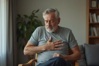Homme d'âge mûr tenant sa main sur la poitrine, signe de gêne thoracique ou de fourmillements
