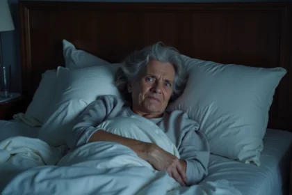 Femme de 45 ans allongée dans son lit la nuit avec des fourmillements dans le bras gauche, expression de gêne visible