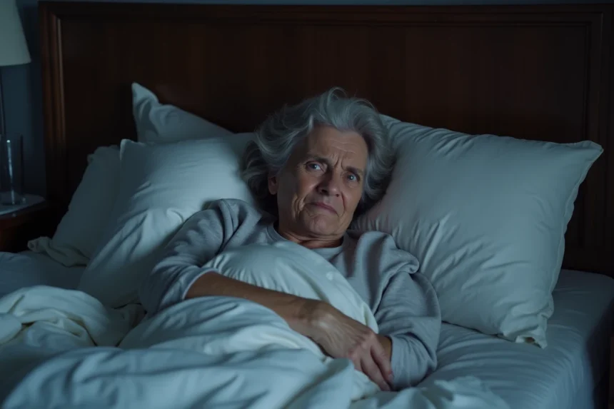 Femme de 45 ans allongée dans son lit la nuit avec des fourmillements dans le bras gauche, expression de gêne visible