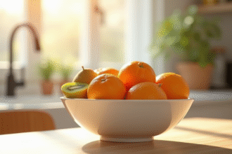 Assiette de fruits d'hiver riches en vitamine C sur une table lumineuse