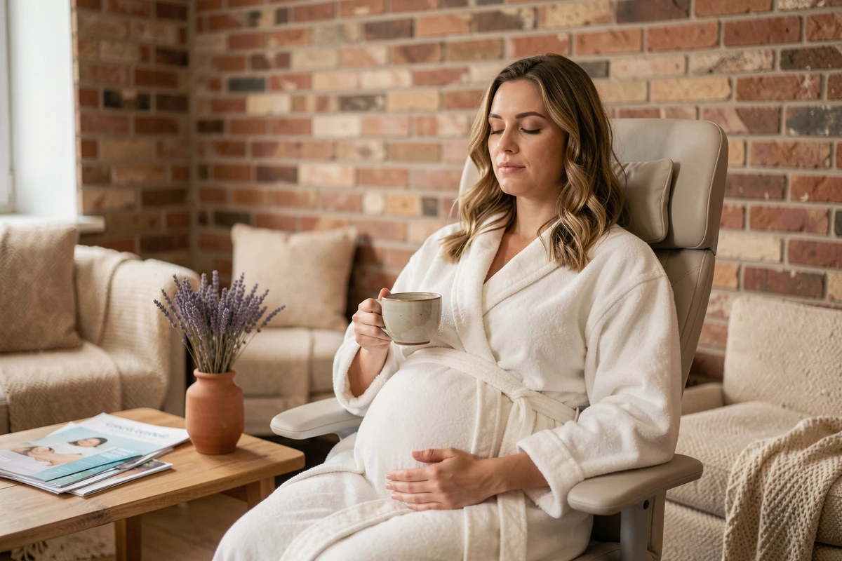 Future maman en peignoir détendue dans le salon d'attente d'un institut de massage bien-être prénatal à Toulouse, tenant une tasse de tisane