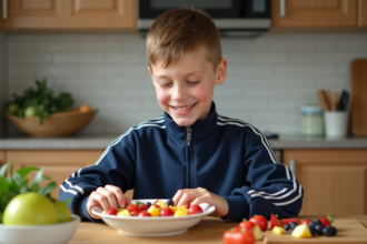 Garçon souriant en tenue de sport préparant une salade de fruits