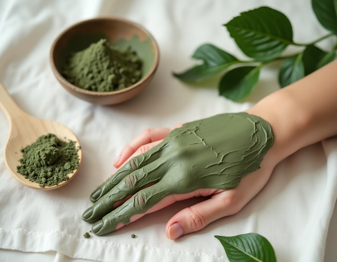 Gros plan d'un cataplasme d'argile verte sur la peau montrant sa texture mate et ses bords qui sèchent