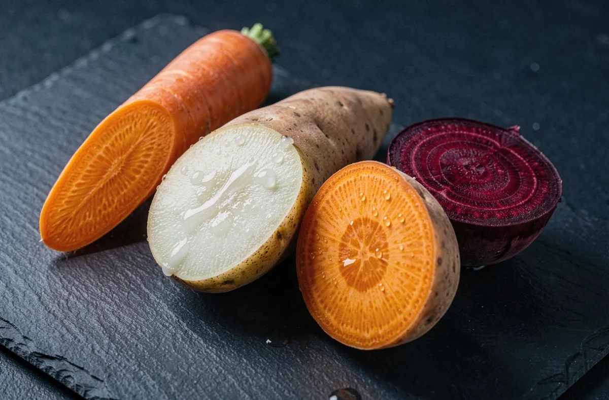 Gros plan de quatre légumes coupés en deux sur ardoise : carotte, pomme de terre, patate douce et betterave, comparaison glucidique