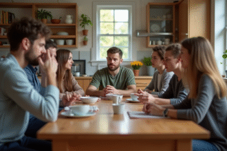 Groupe diversifié autour d'une table cuisine avec symptômes légers