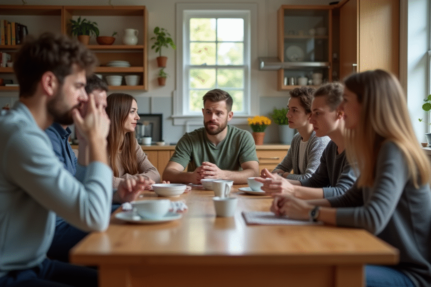 Groupe diversifié autour d'une table cuisine avec symptômes légers