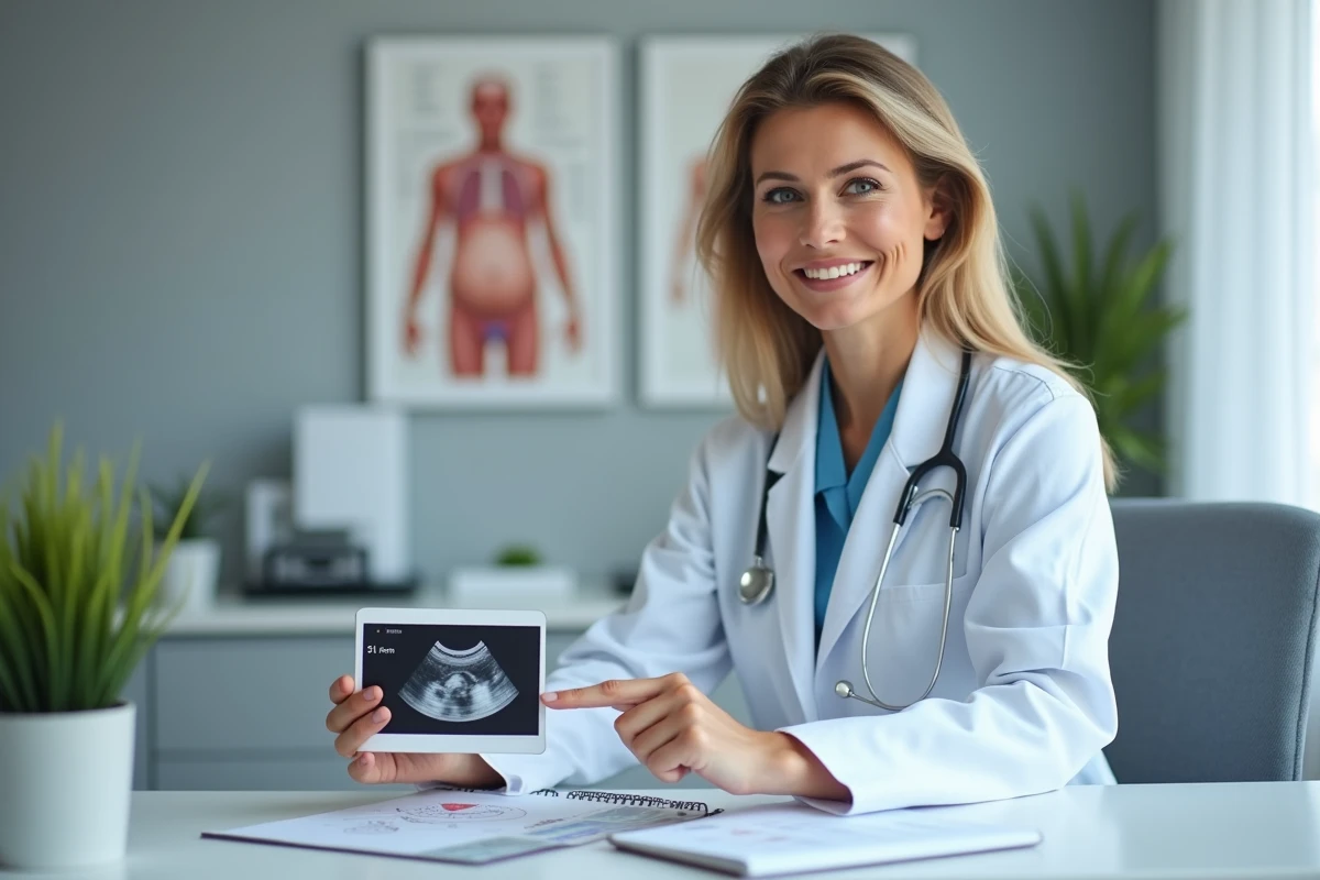 Gynécologue expliquant le calcul du terme de grossesse avec un disque gestationnel en consultation