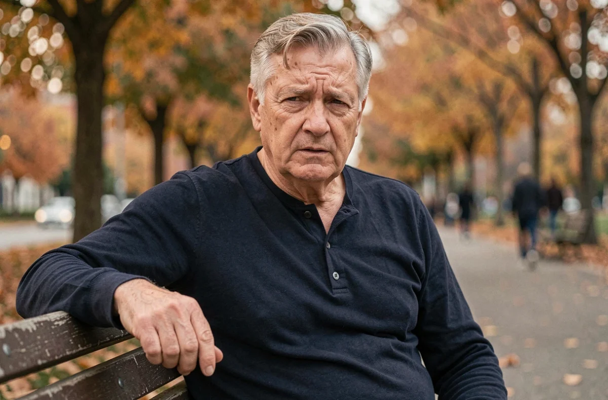 Homme âgé assis sur un banc de parc tenant l'accoudoir avec une expression tendue, symbolisant les tremblements corporels chez les seniors