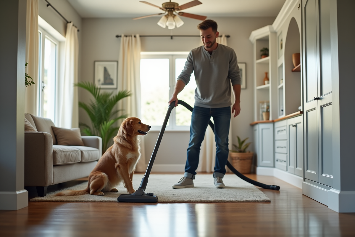 Homme aspirant dans une maison moderne avec chien calme