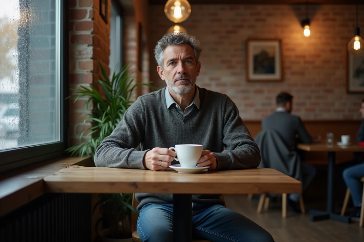 Homme pensif seul au café avec tasse