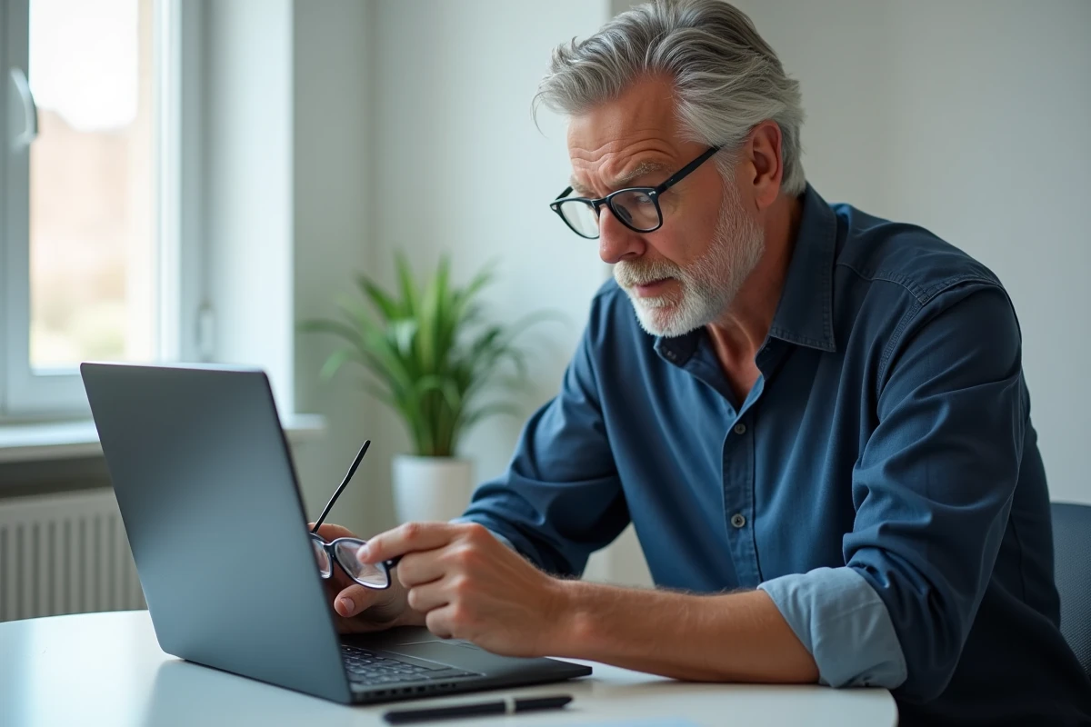 Homme utilisant une calculette en ligne pour estimer l'épaisseur de ses verres de lunettes sur ordinateur portable