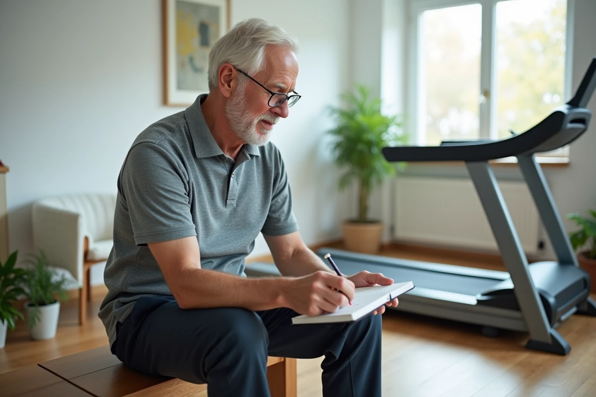 Homme âgé analysant ses calculs de foulée à la maison