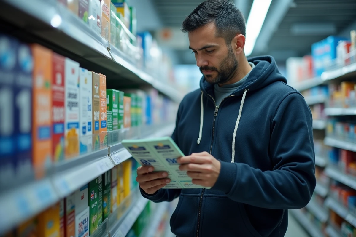 Homme lisant l'étiquette d'un complément minceur dans une pharmacie, attitude analytique