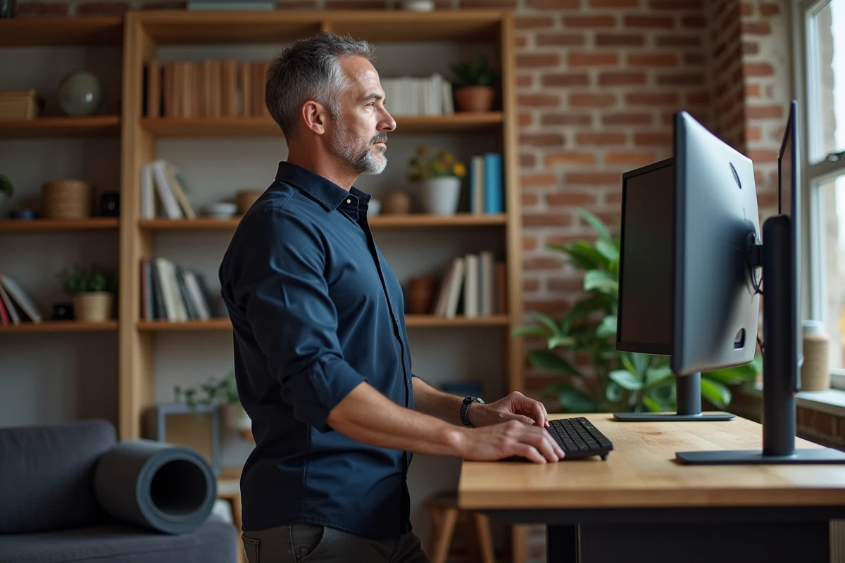 Homme debout à son bureau réglable en hauteur corrigeant sa posture pour soulager le dos