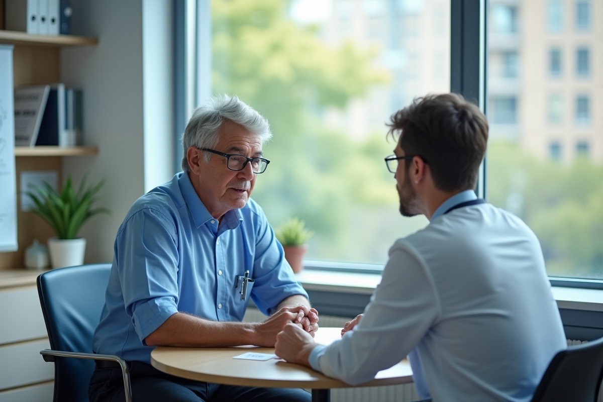 Homme en discussion avec un professionnel de santé en clinique