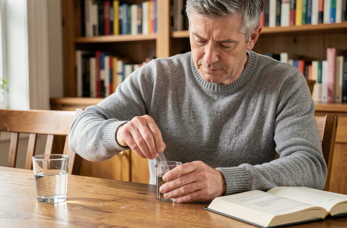 Homme dosant avec précision du silicium organique liquide à la maison