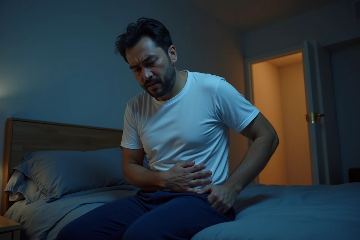 Homme assis au bord du lit en pleine nuit, tenant son flanc droit sous les côtes avec une expression de douleur et de fatigue