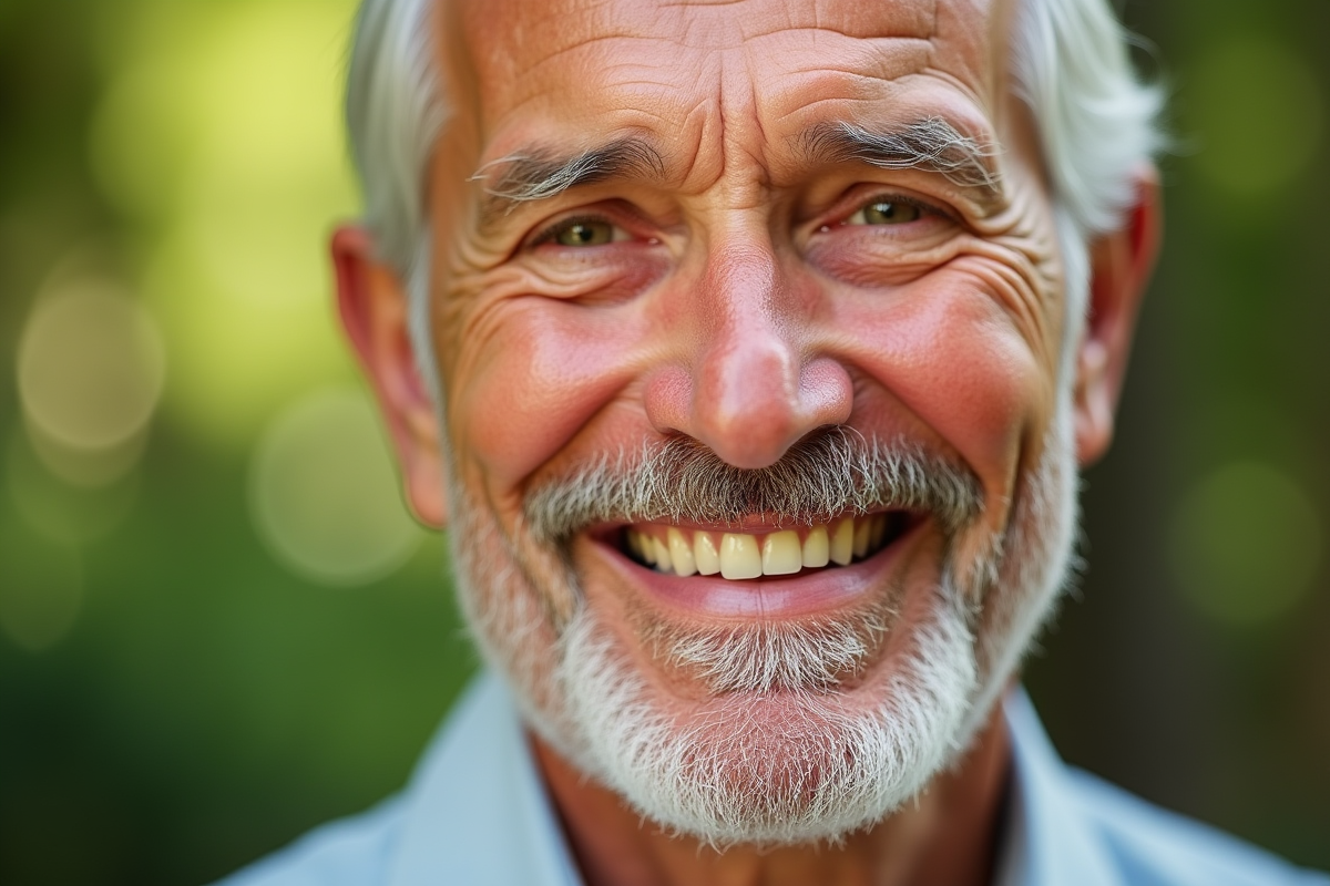 Homme âgé souriant peau saine en plein air