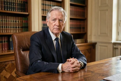Portrait d'un homme d'État senior en costume sombre assis à un bureau institutionnel, évoquant la figure d'un diplomate français comme Hubert Védrine