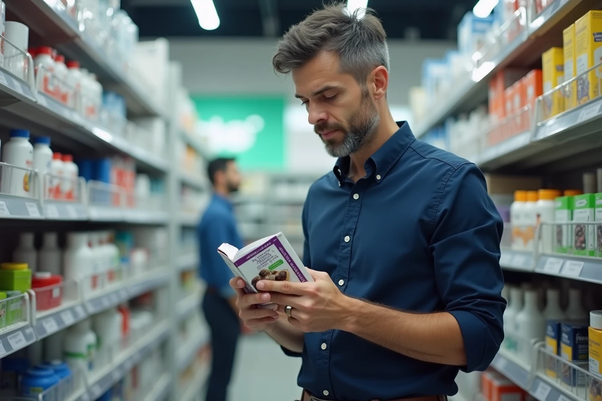 Homme lisant l'étiquette d'un produit riche en fibres en pharmacie pour éviter les ballonnements