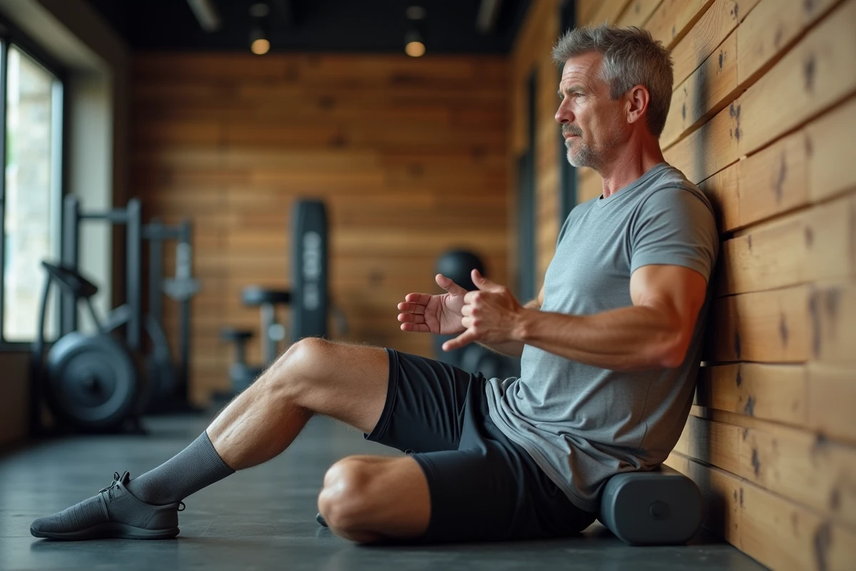 Homme d age en tenue de sport s etirant contre un mur en salle de gym