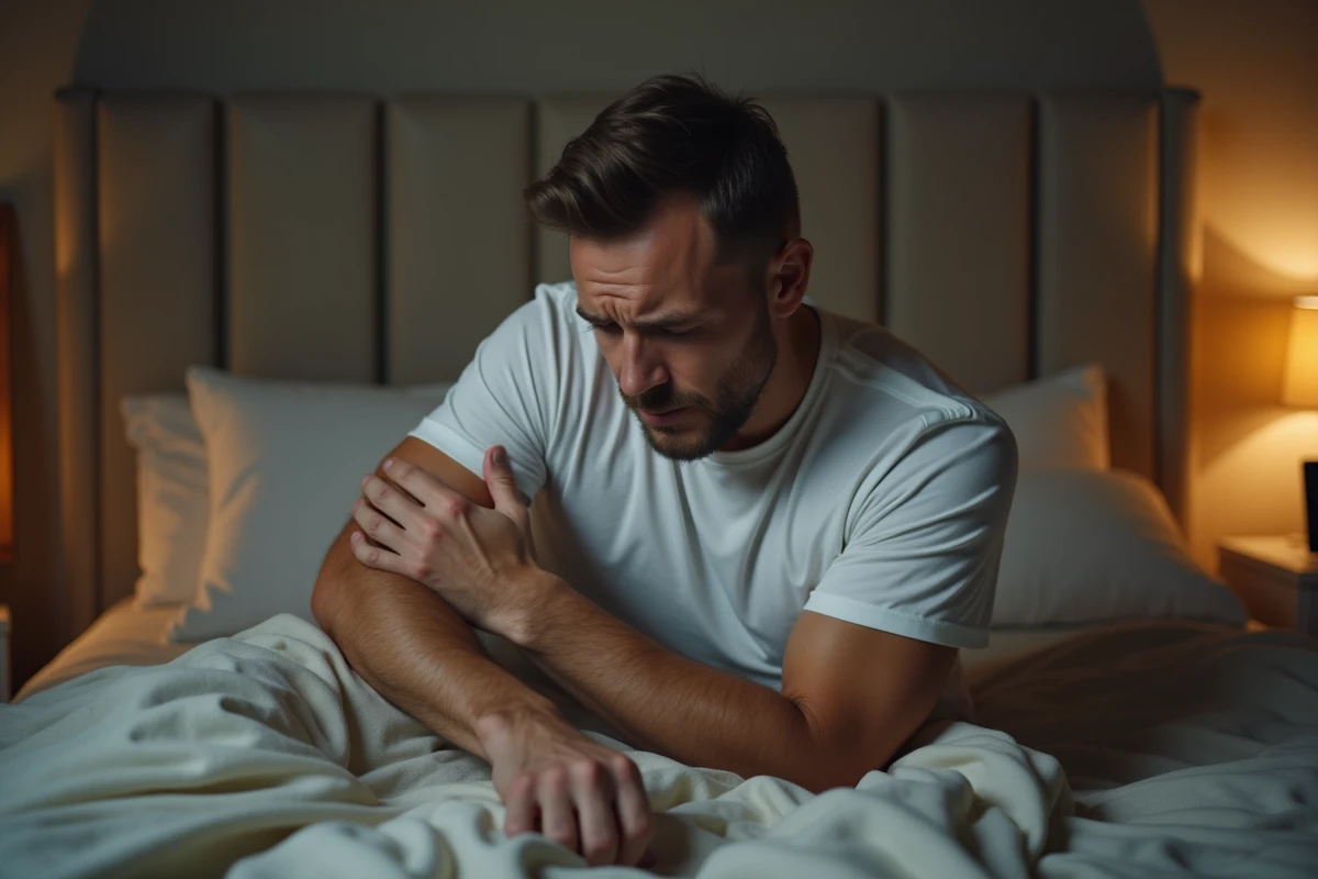 Homme se massant le bras droit la nuit assis dans son lit en raison de fourmillements et d'engourdissements