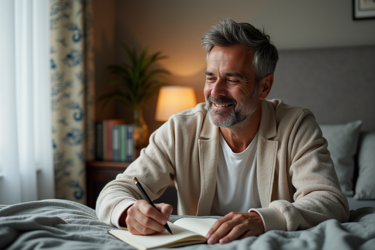 Homme âgé écrivant dans son journal avant de dormir
