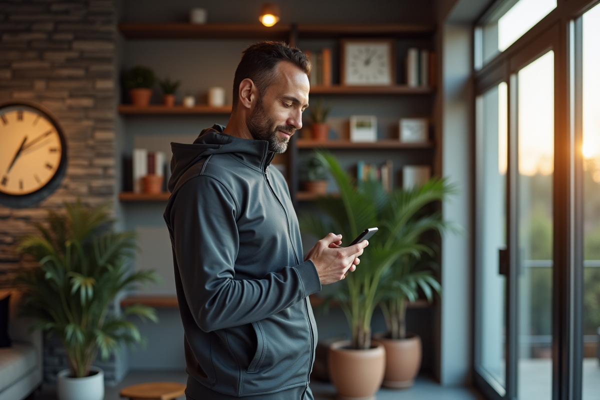 Homme en tenue sportive vérifiant son téléphone dans le salon
