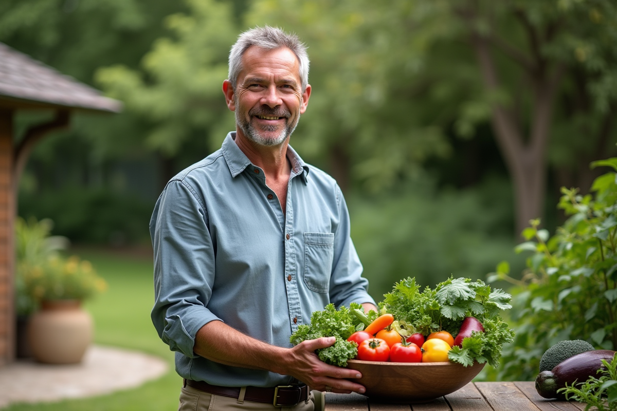 Homme dans un jardin avec un bol de légumes frais et verts