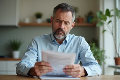 Homme d'âge moyen regardant des brochures médicales à la maison