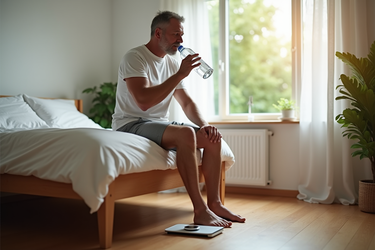 Homme assis sur le lit buvant de l