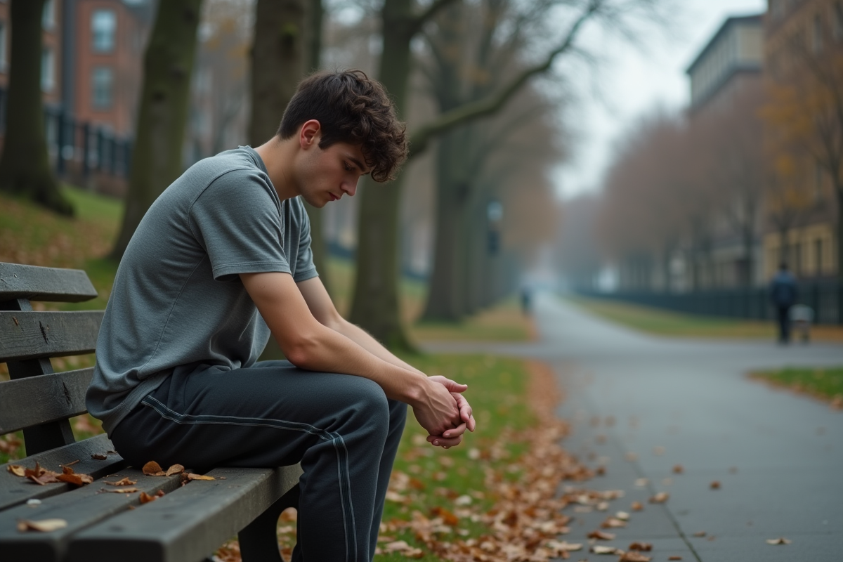 Jeune homme assis sur un banc dans un parc urbain
