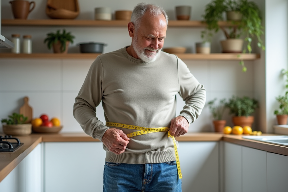 Homme mesurant sa taille avec un ruban dans une cuisine lumineuse