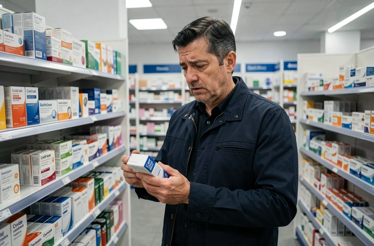 Homme en pharmacie examinant un test Covid autodiagnostic, différencier variant Covid 2026 et rhume