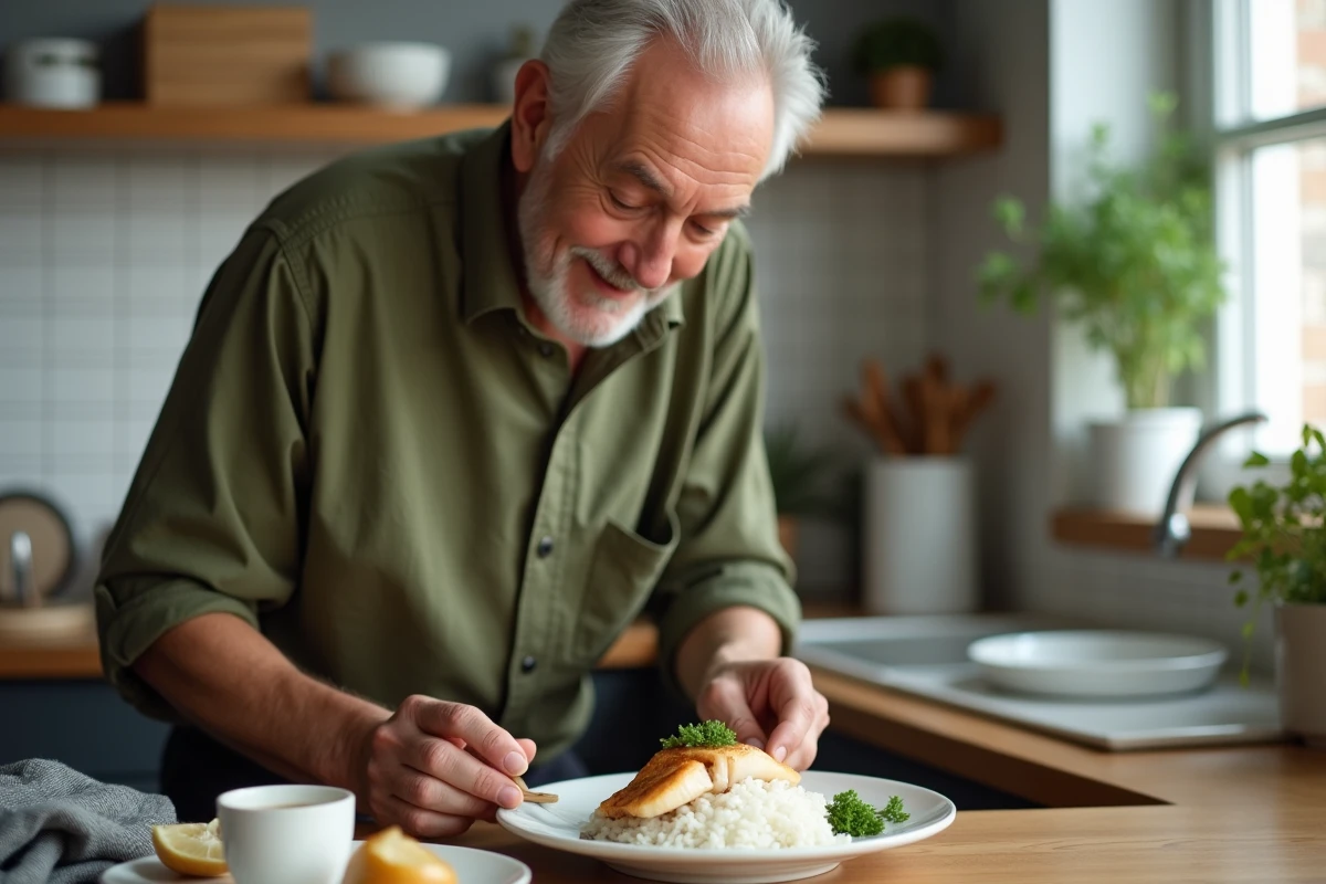 Homme préparant un repas de poisson et riz dans la cuisine