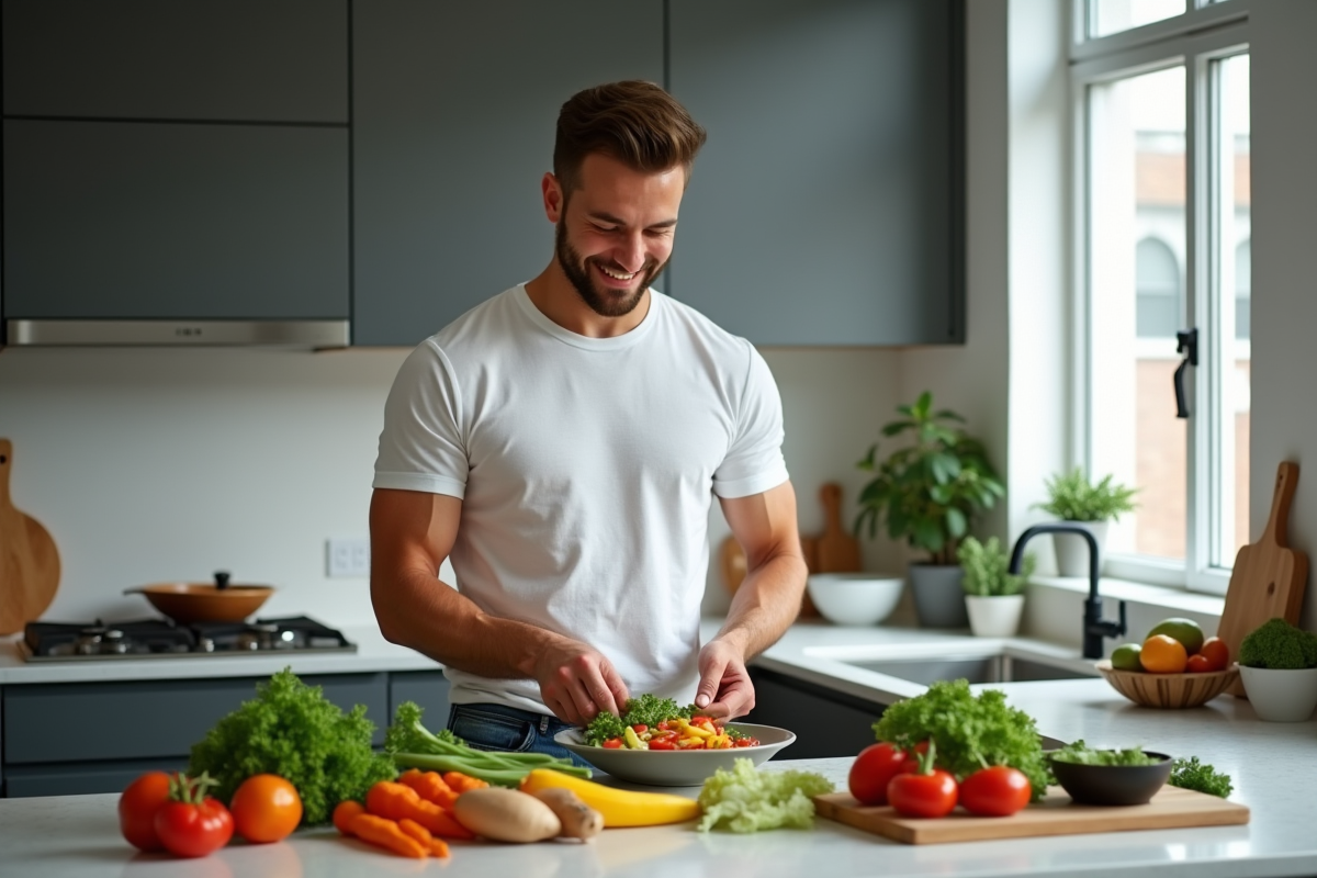 Homme préparant une salade de légumes dans une cuisine moderne