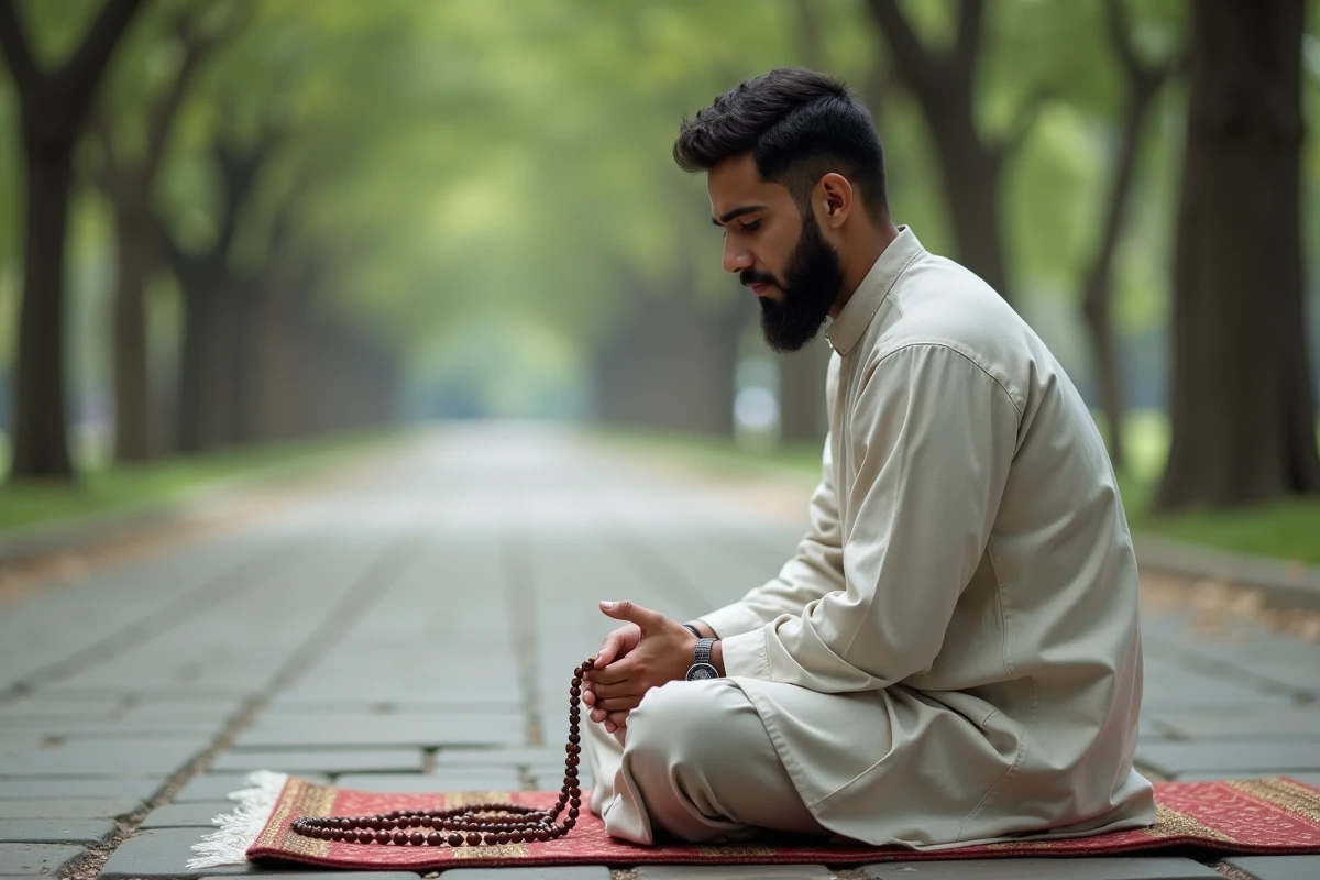 Homme priant avec misbaha dans un parc urbain