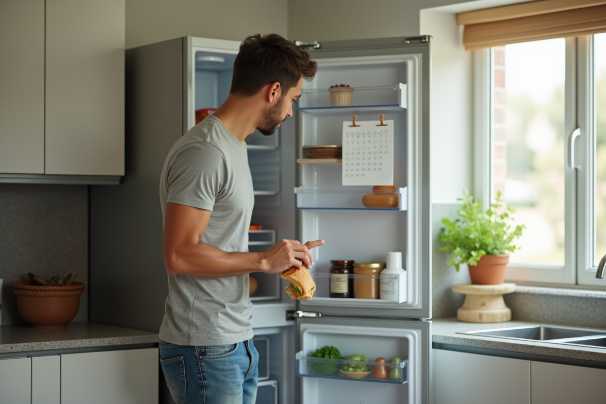 Homme regardant le calendrier dans la cuisine moderne