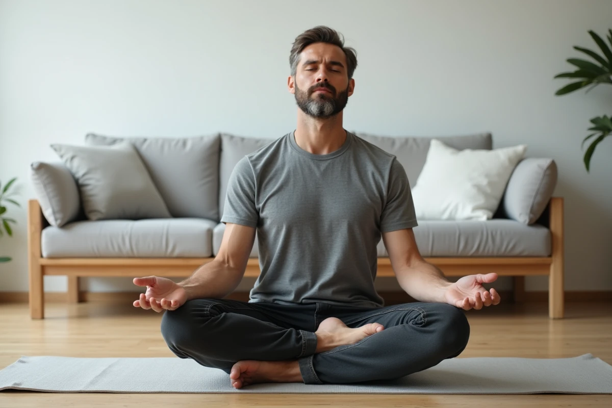 Homme pratiquant la relaxation et la respiration consciente pour soulager les fourmillements dans les mains et pieds