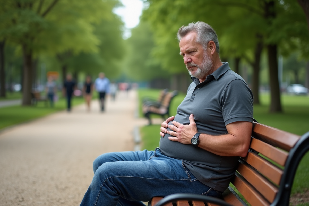 Homme de 40 ans assis sur un banc dans un parc urbain