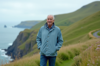 Homme respirant profondément sur une colline verte avec vue sur la mer
