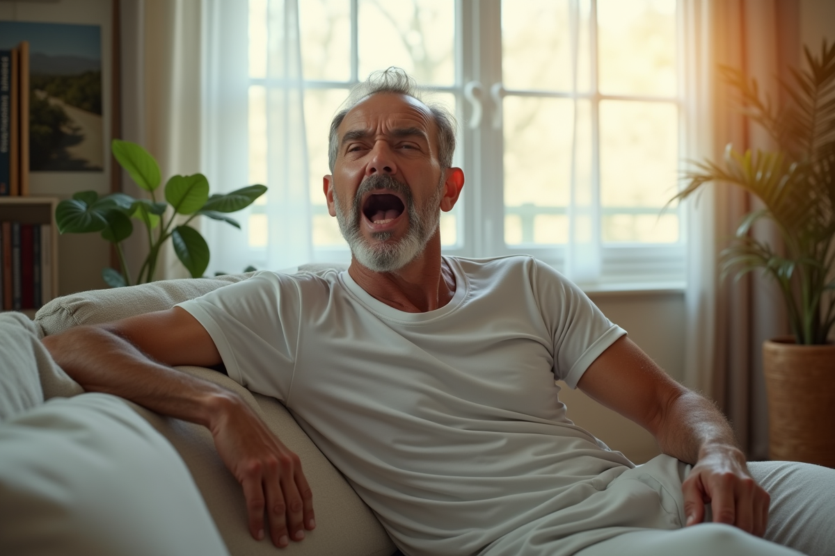 Homme se réveillant dans un salon lumineux et accueillant